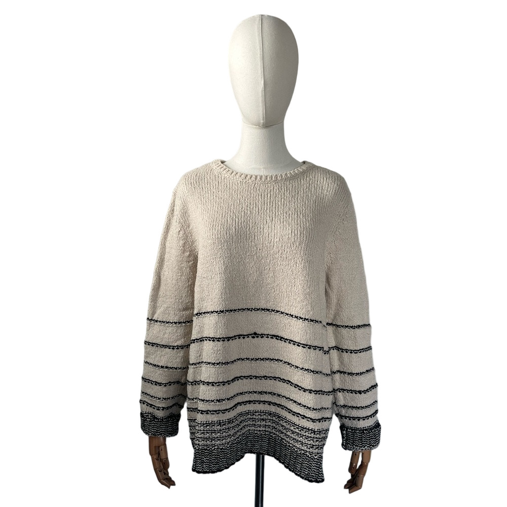 J. Jill Wool and Cotton Knit Crewneck Sweater Cream and Black Size L - Picture 4 of 14